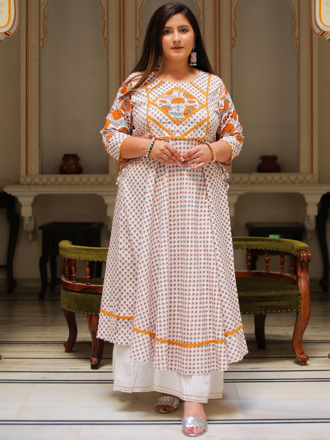 

KALINI Plus Size Floral Printed Anarkali Kurta, White