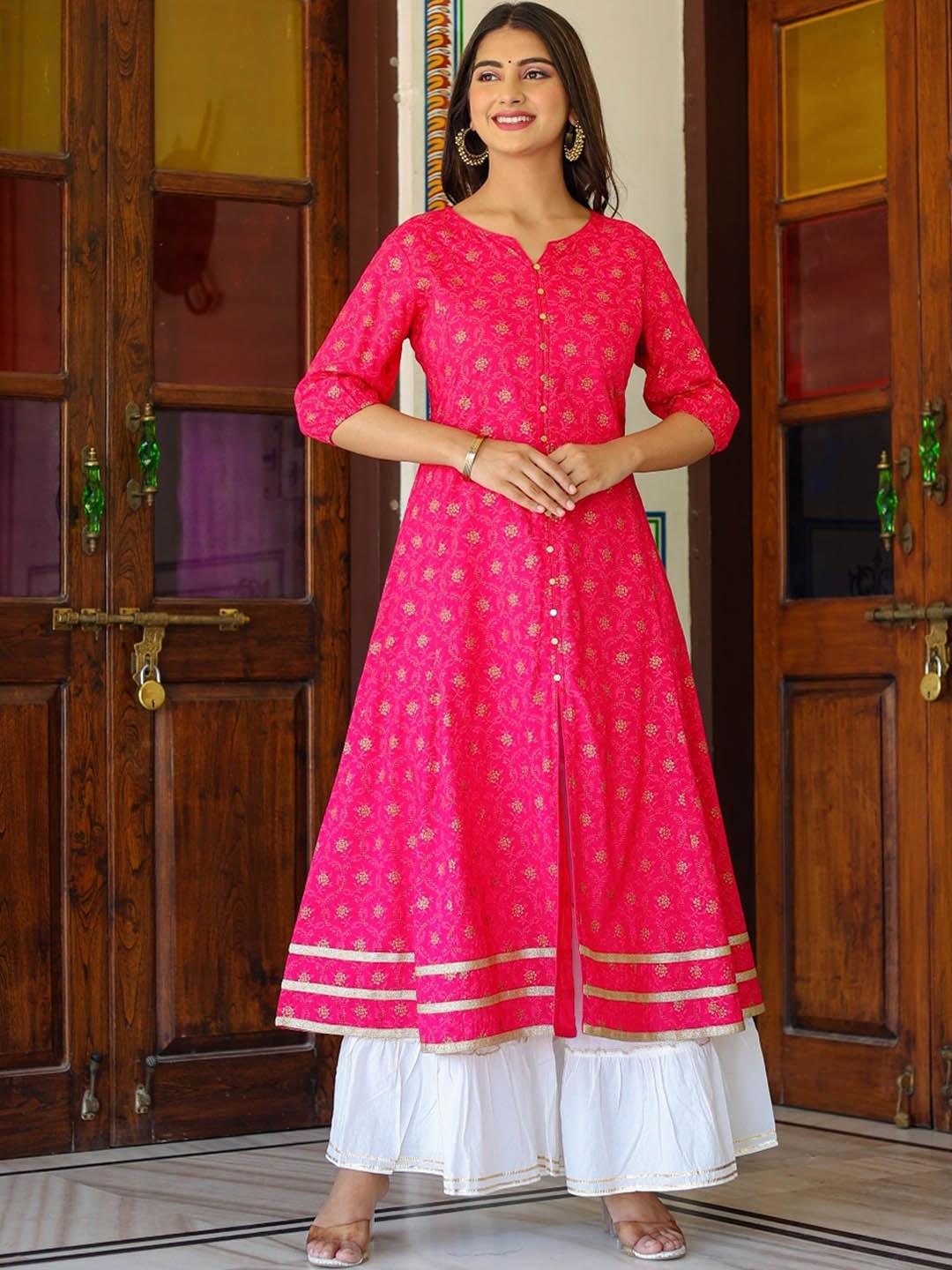 

KALINI Ethnic Motifs Printed Round Neck A-Line Kurta, Pink