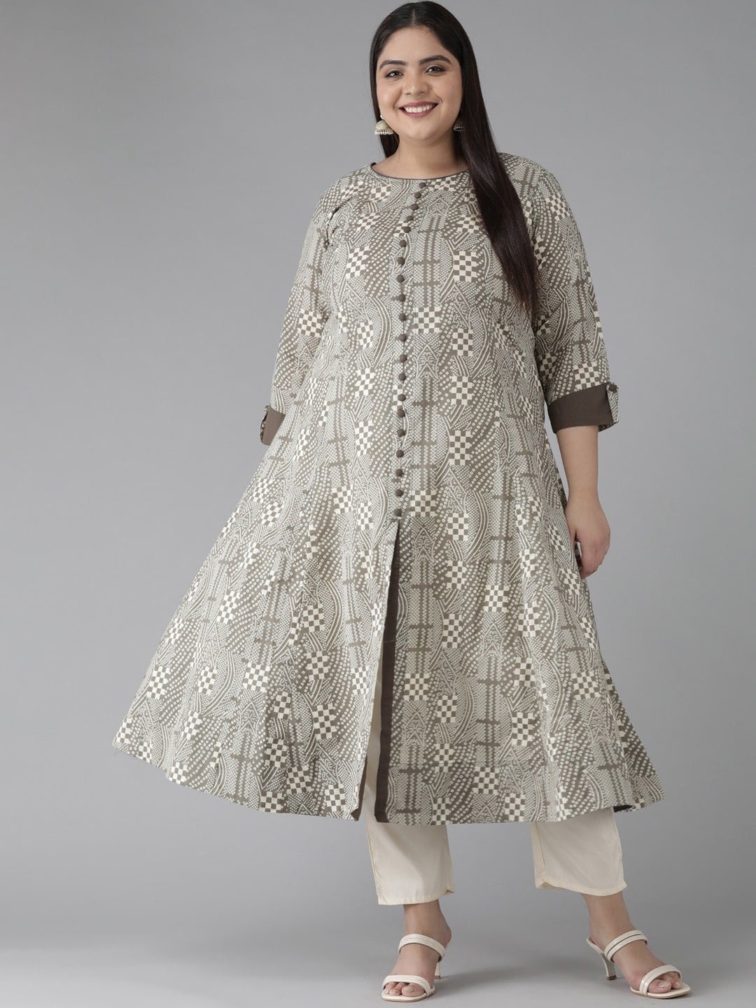 

KALINI Plus Size Geometric Printed Round Neck Cotton A-Line Kurta, Grey