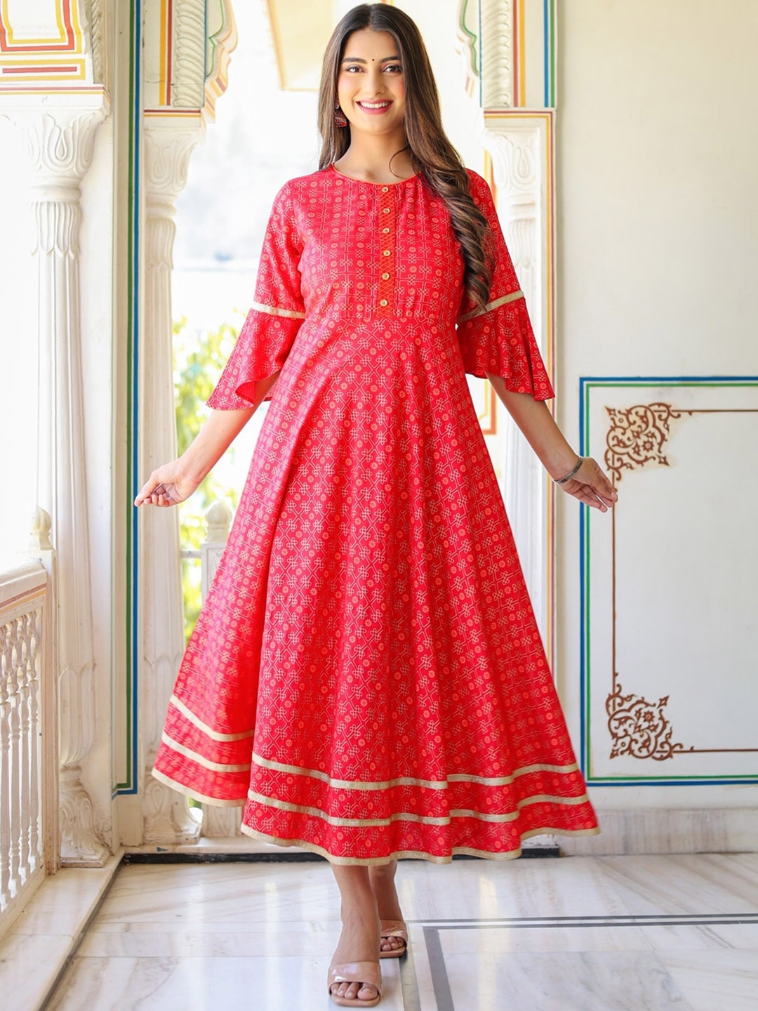 

KALINI Ethnic Motifs Printed Bell Sleeves Anarkali Ethnic Dress, Pink
