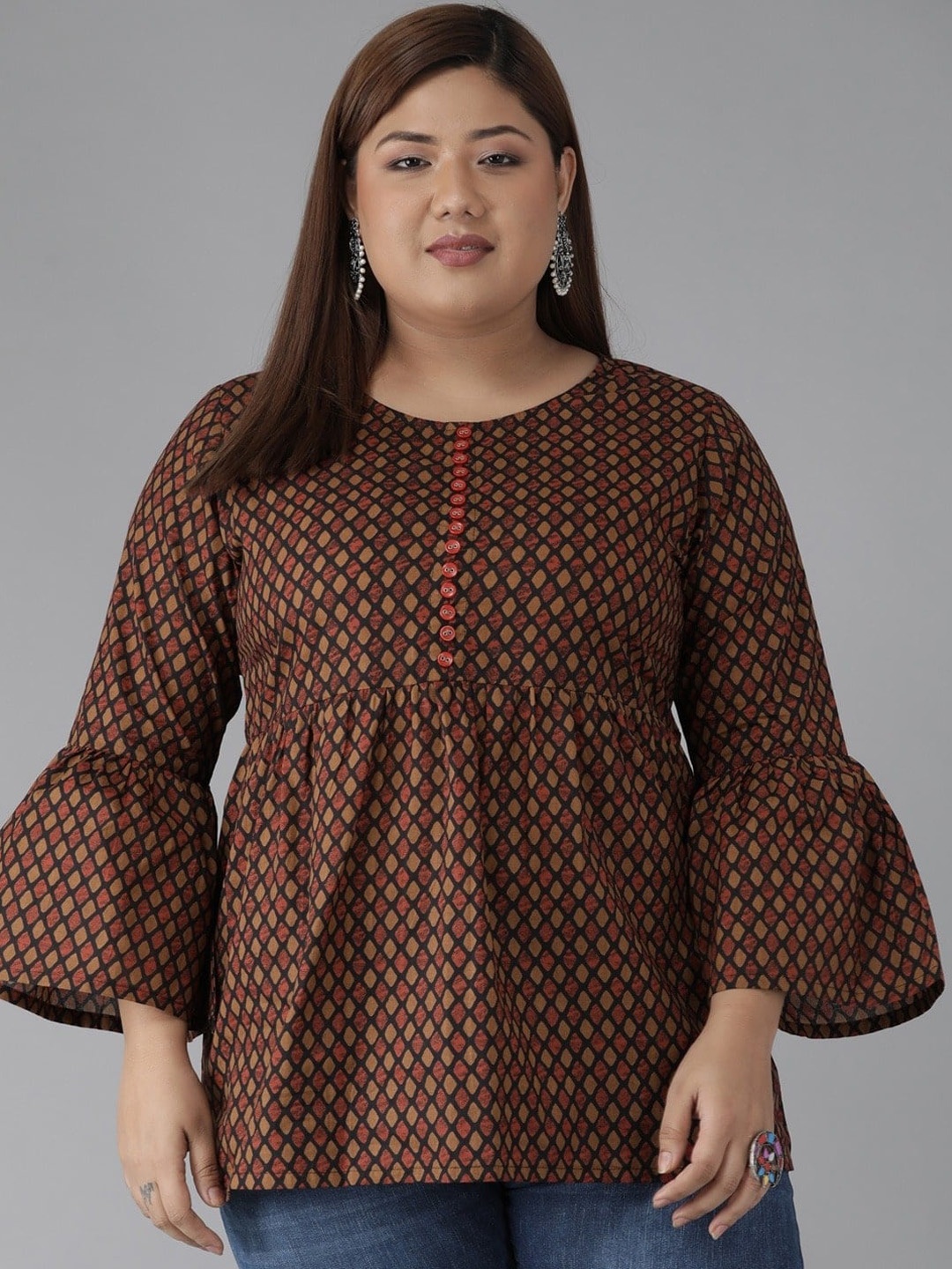 

KALINI Plus Size Geometric Printed Cotton Empire Kurti, Black