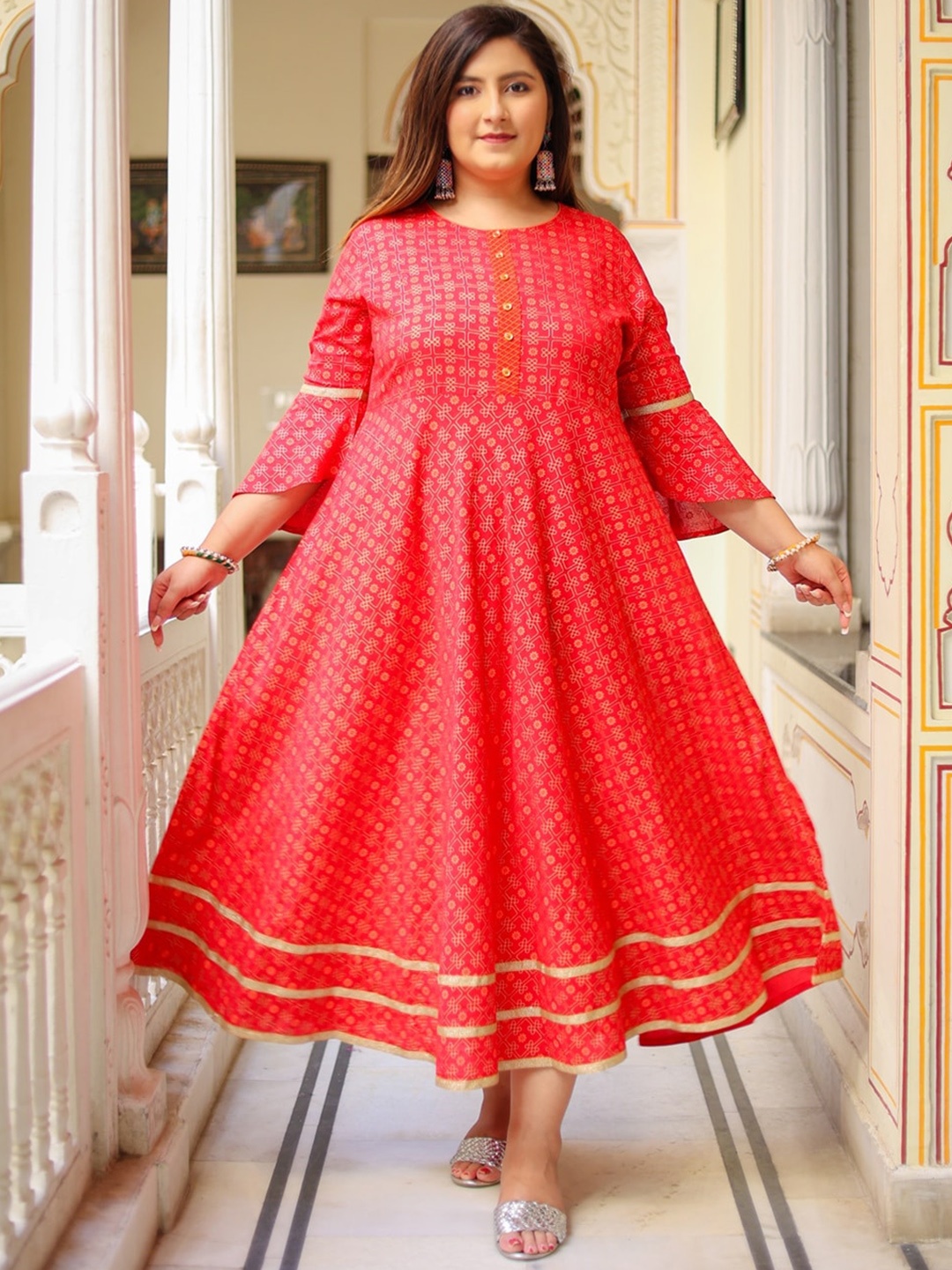 

KALINI Plus Size Ethnic Motifs Printed A-Line Kurta, Pink