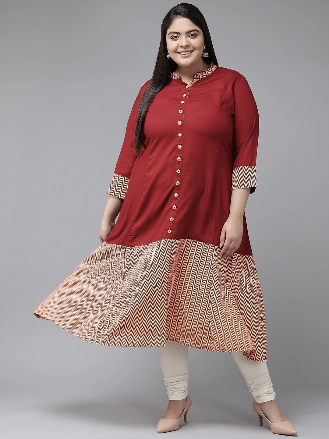 

KALINI Plus Size Colourblocked Mandarin Collar A-Line Kurta, Maroon