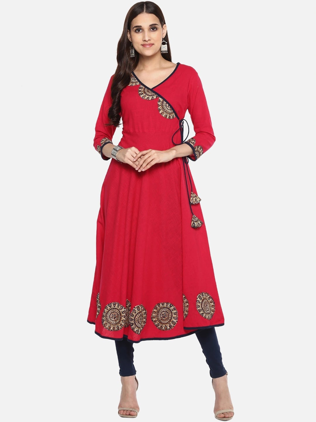 

KALINI Kalamkari Patchwork Angrakha Anarkali Kurta, Pink