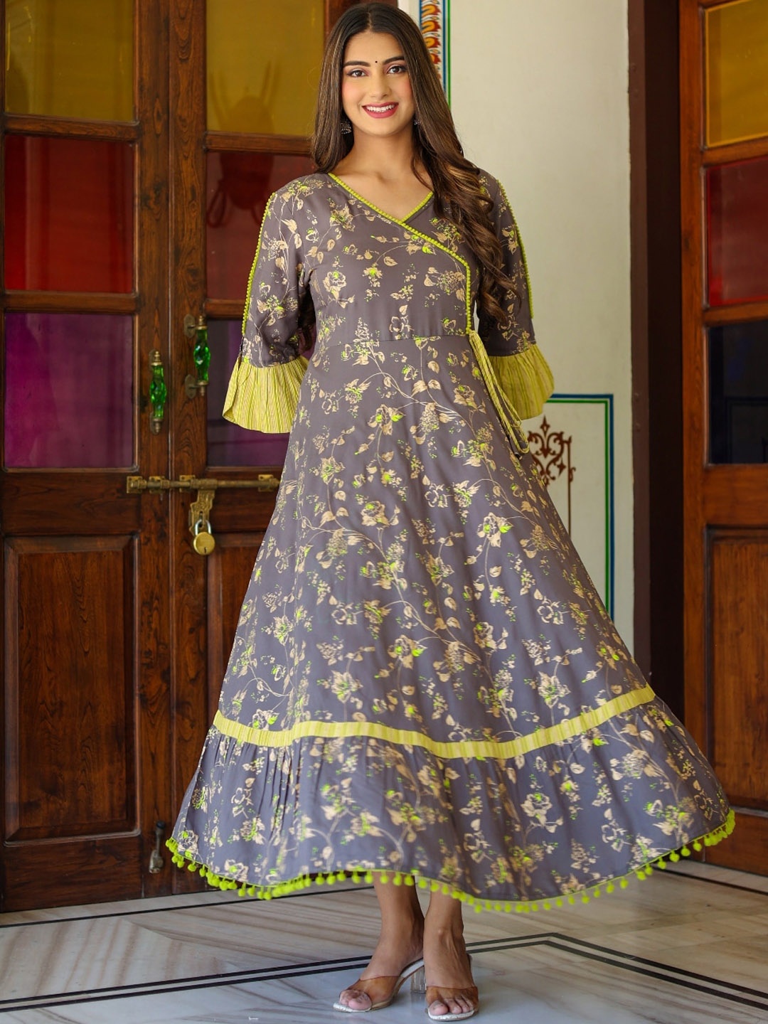 

KALINI Floral Printed Bell Sleeves Anarkali Kurta, Grey