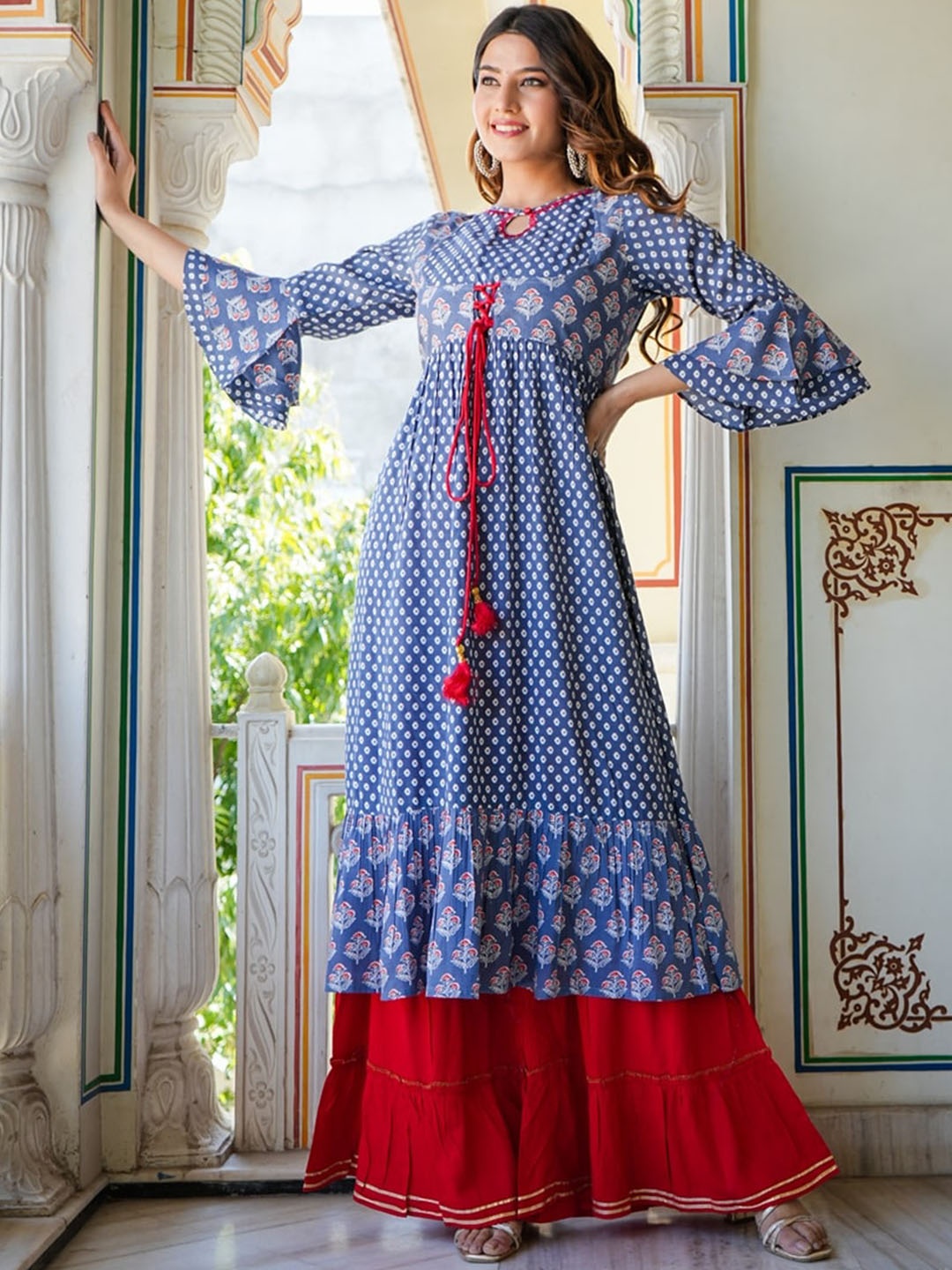 

KALINI Ethnic Motifs Printed Keyhole Neck Bell Sleeves Anarkali Kurta, Blue