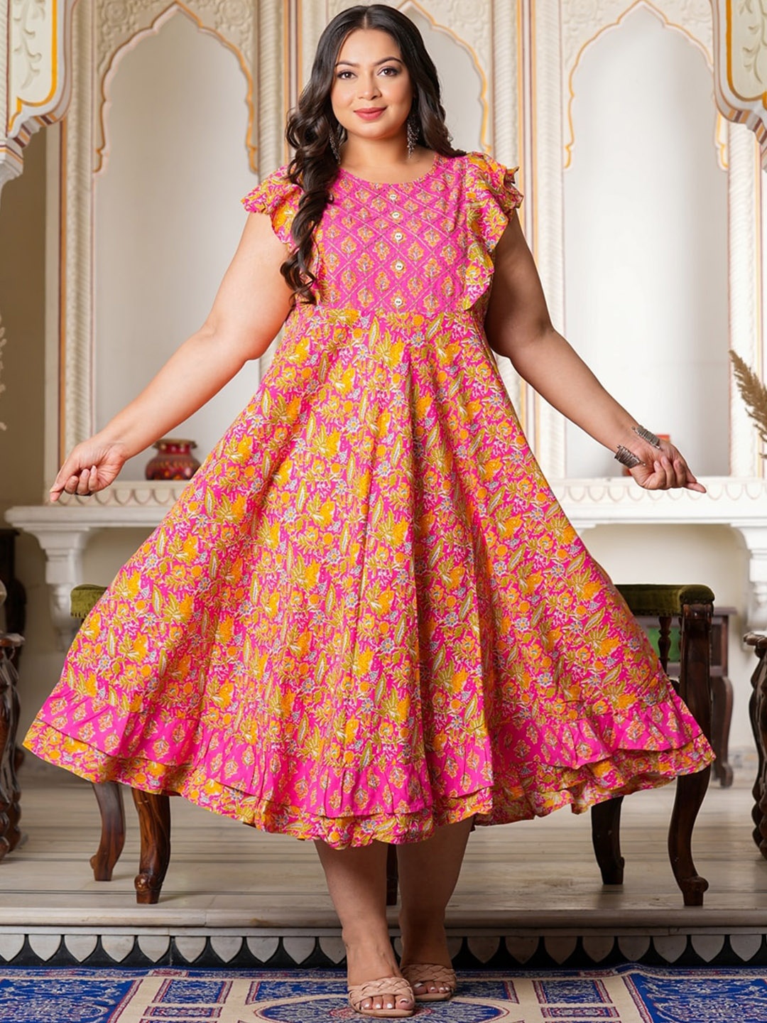

KALINI Plus Size Floral Printed Anarkali Kurta, Pink