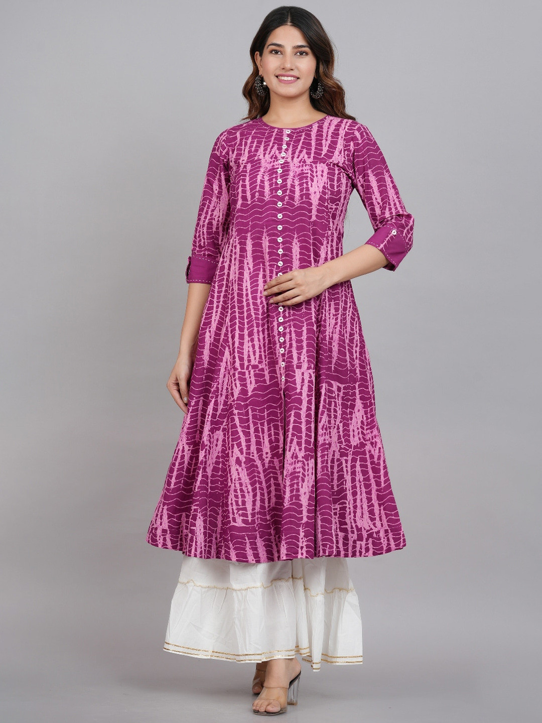 

KALINI Tie & Dye Roll-Up Sleeves Cotton Anarkali Kurta, Purple