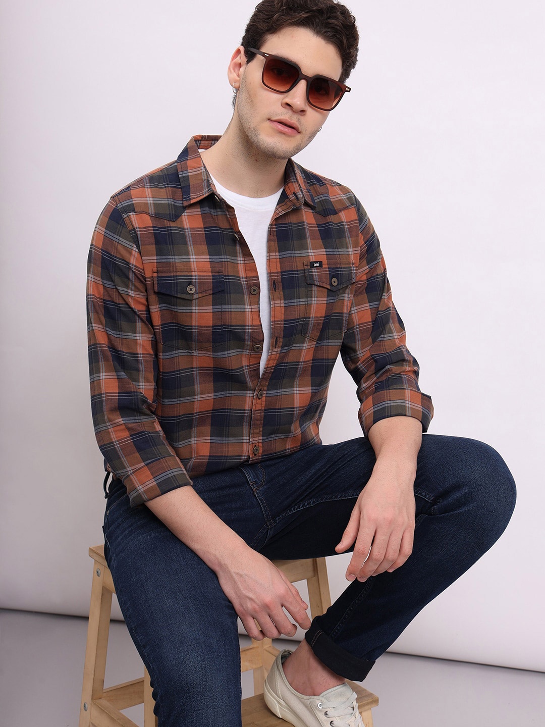 

Lee Tartan Checked Spread Collar Shirt, Brown
