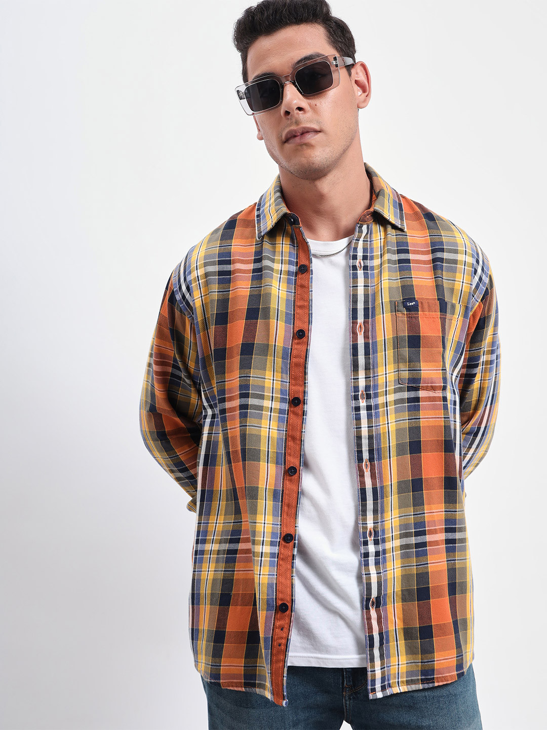 

Lee Relaxed Tartan Checked Spread Collar Cotton Shirt, Orange