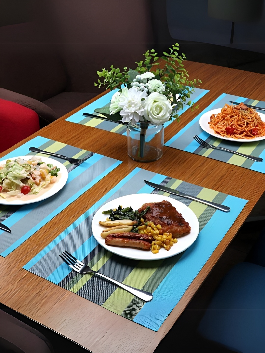 

UniKart Blue & Yellow 6 Pieces Striped Waterproof Rectangle Table Placemats