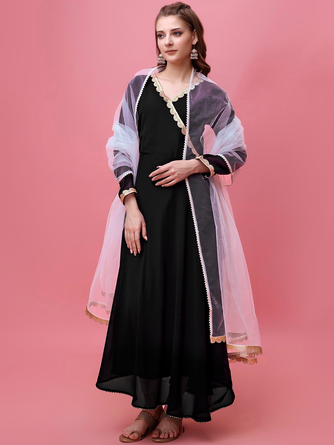 

Shree Ramkrishna Fab V-Neck Gotta Patti Angrakha Georgette Anarkali Kurta With Dupatta, Black