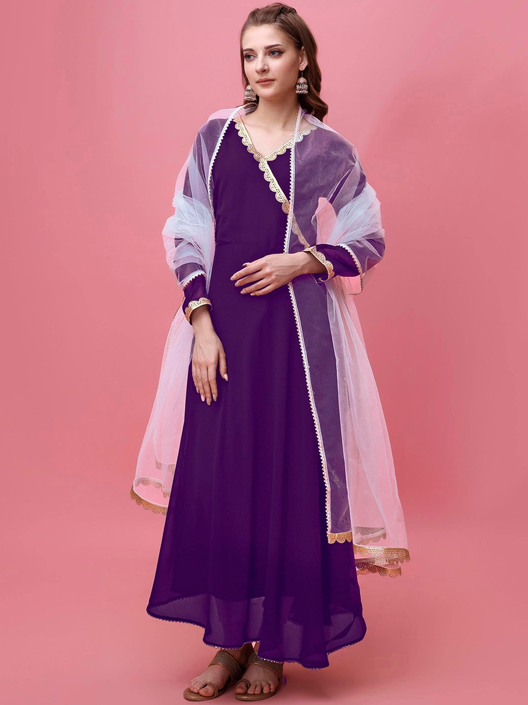 

Shree Ramkrishna Fab V-Neck Gotta Patti Angrakha Georgette Anarkali Kurta With Dupatta, Purple
