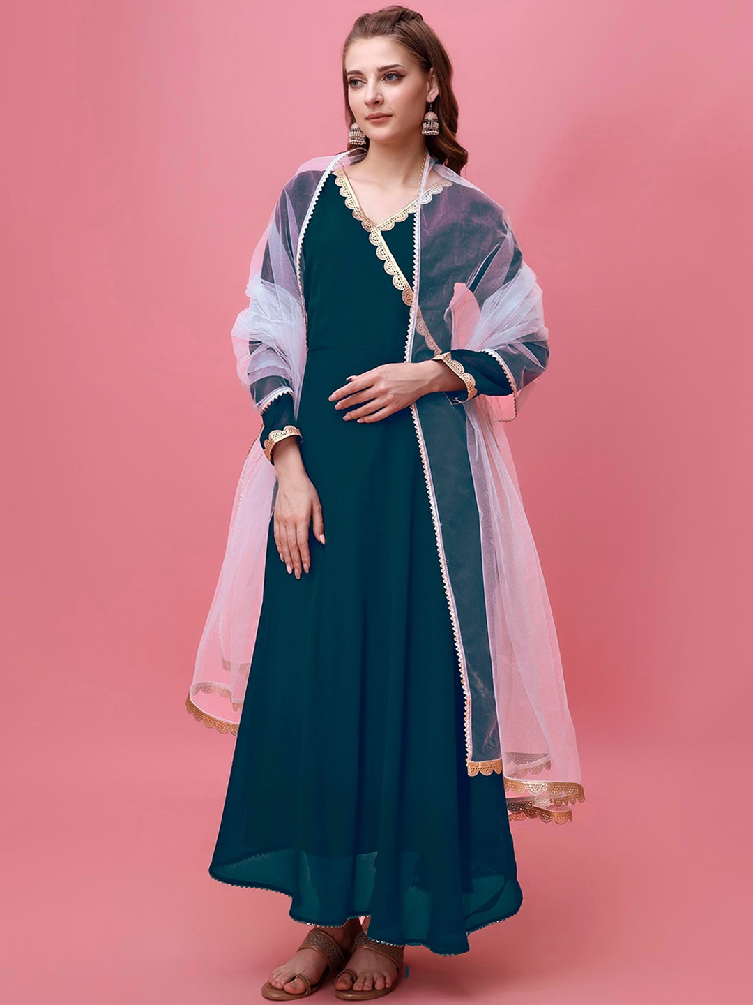 

Shree Ramkrishna Fab V-Neck Gotta Patti Angrakha Georgette Anarkali Kurta With Dupatta, Blue