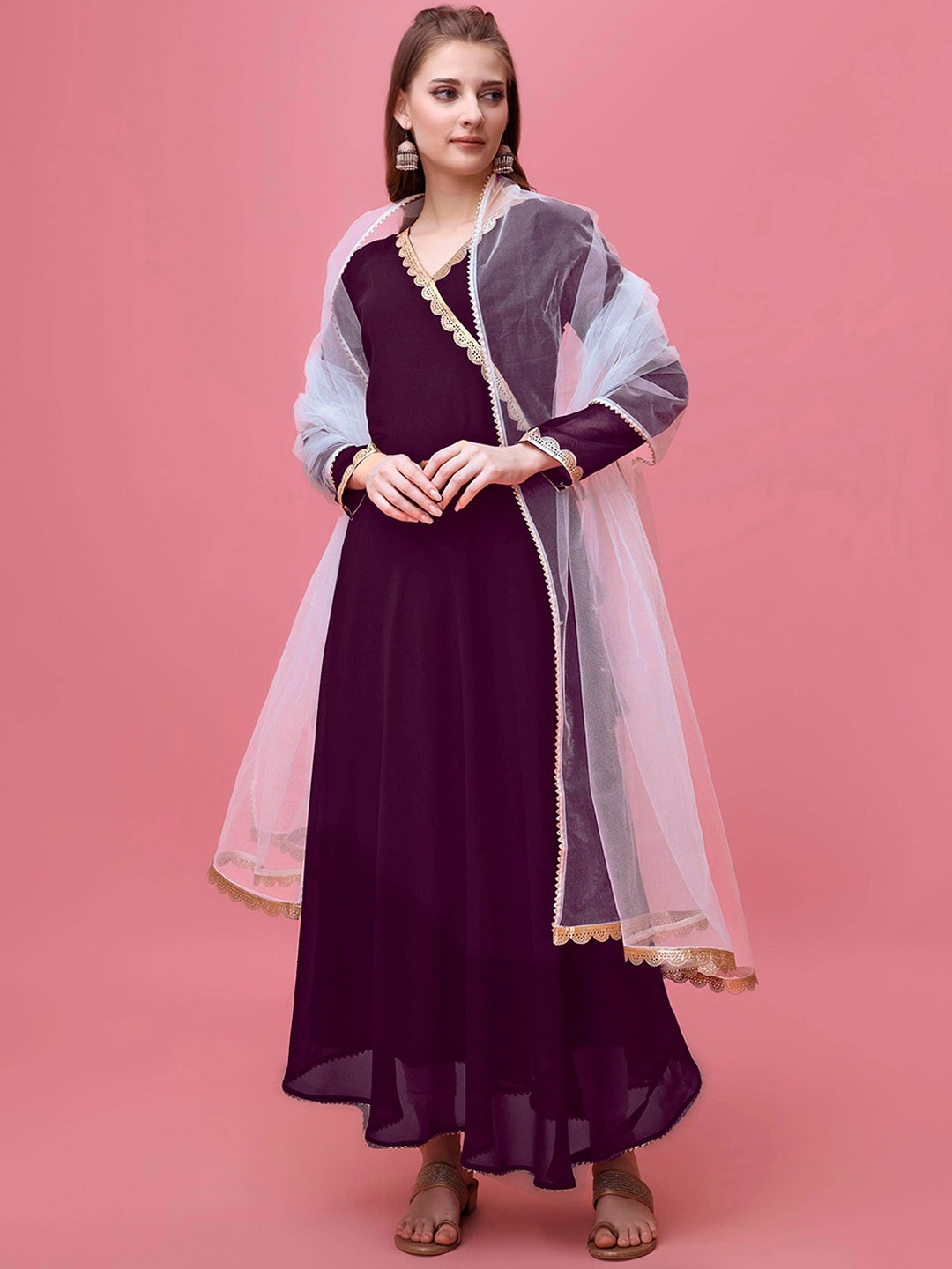 

Shree Ramkrishna Fab V-Neck Gotta Patti Angrakha Georgette Anarkali Kurta With Dupatta, Purple