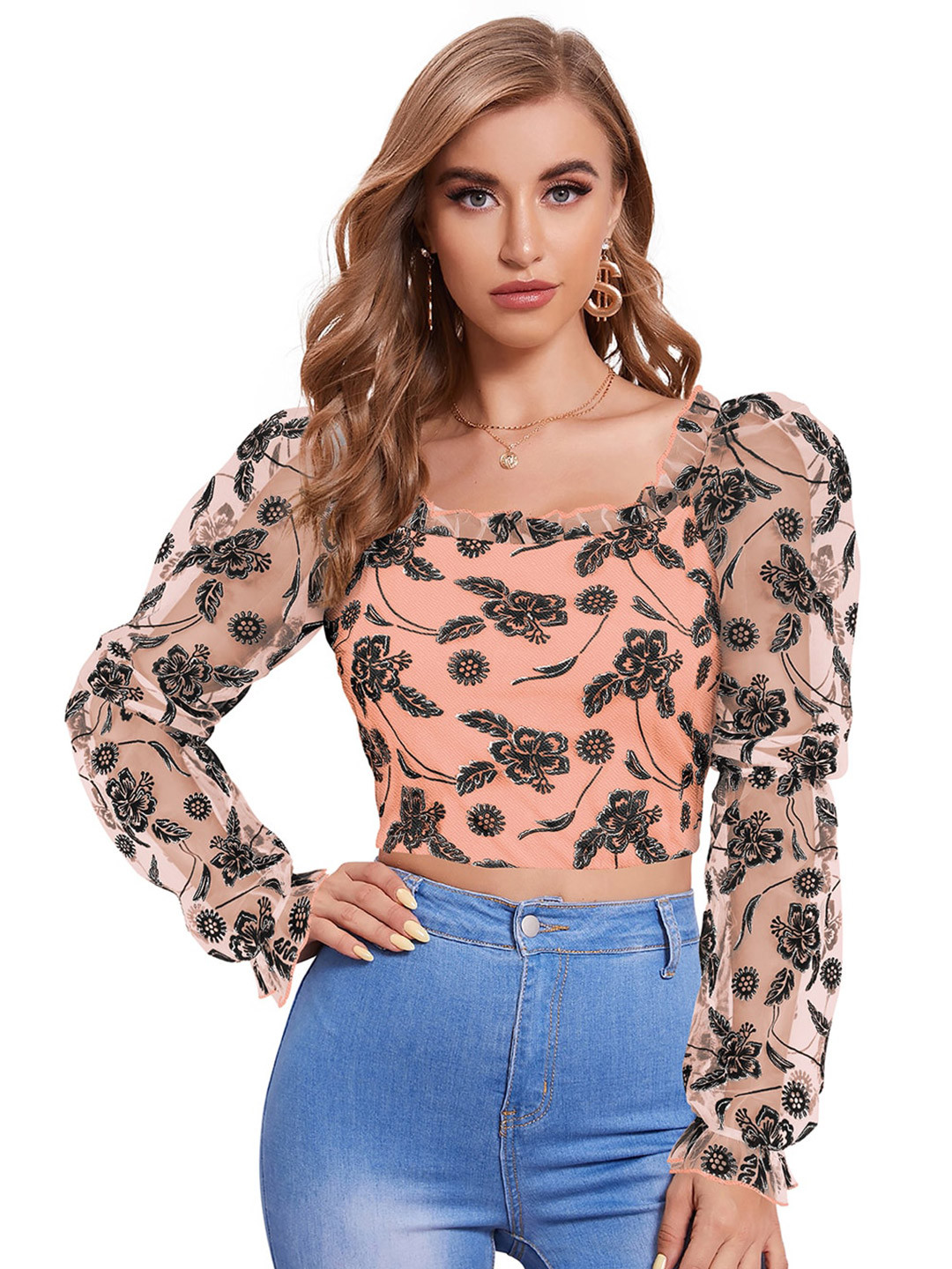 

BAESD Floral Printed Bishop Sleeves Cotton Crop Top, Peach