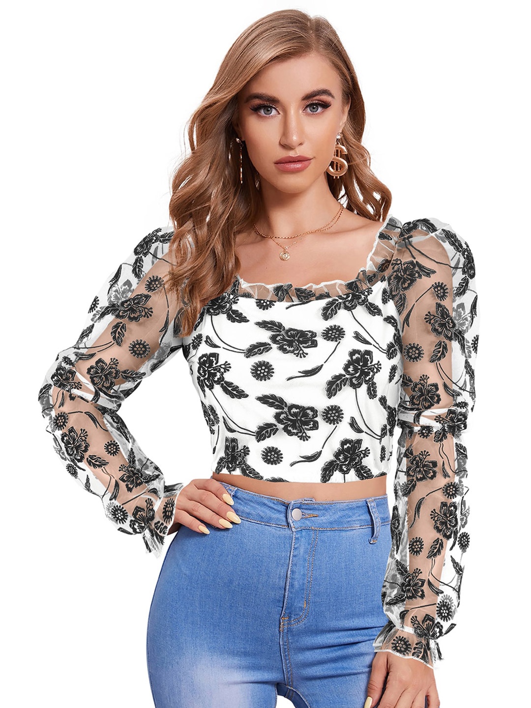 

BAESD Floral Print Puff Sleeve Fitted Crop Top, White