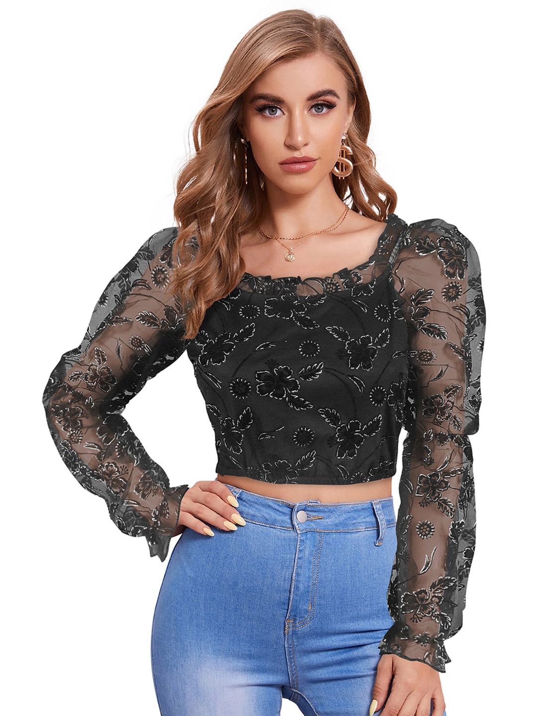 

BAESD Floral Printed Bishop Sleeves Cotton Crop Top, Black