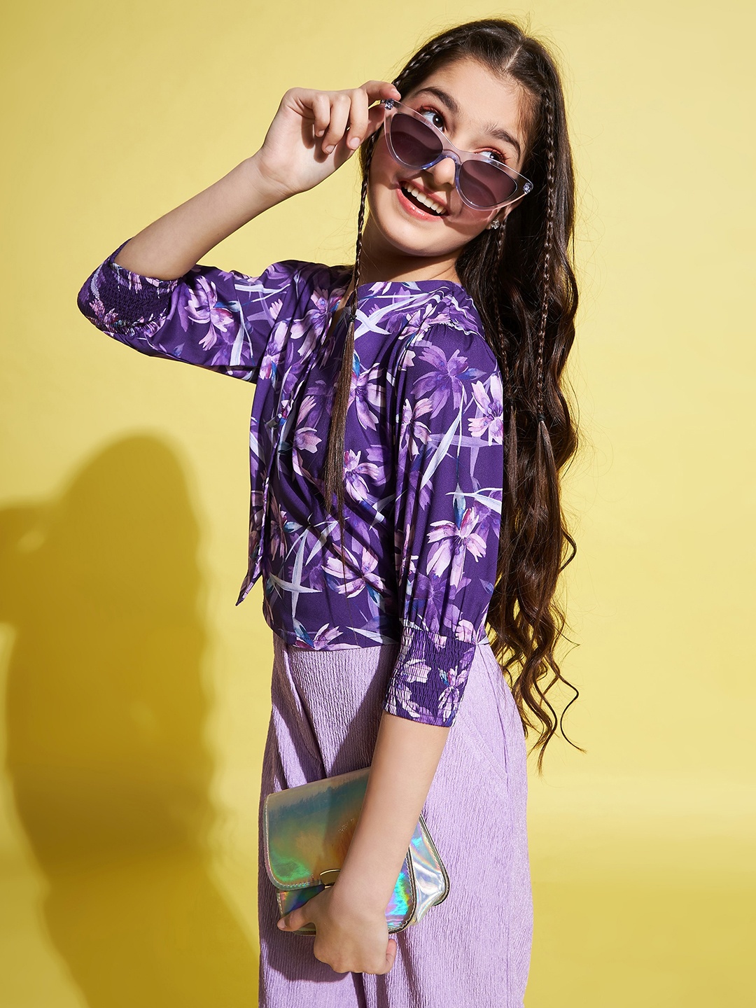 

Stylo Bug Girl Floral Printed V-Neck Smocked Bardot Top, Purple