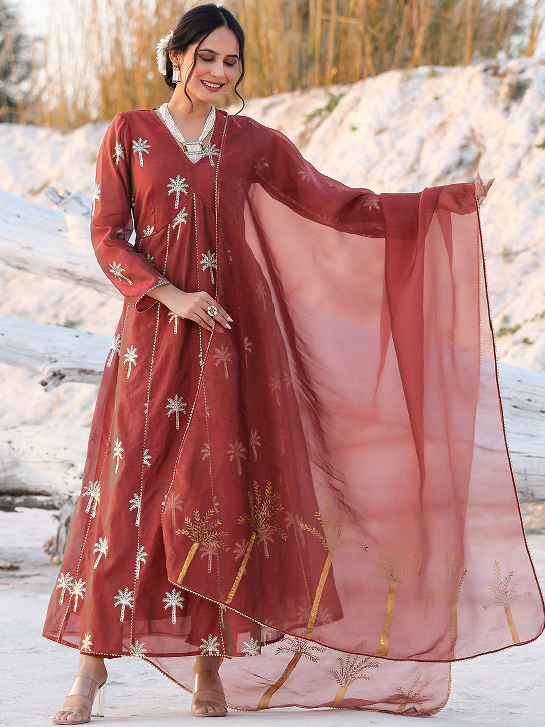 

Thread & Button Floral Foil Printed Gotta Patti Anarkali Kurta with Trousers & Dupatta, Brown