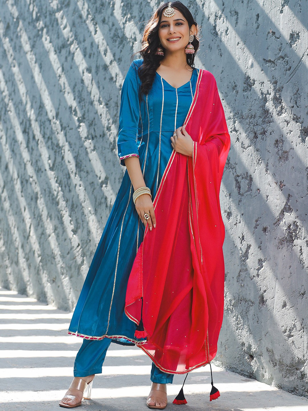 

Thread & Button Striped Anarkali Kurta with Trousers & Dupatta, Blue