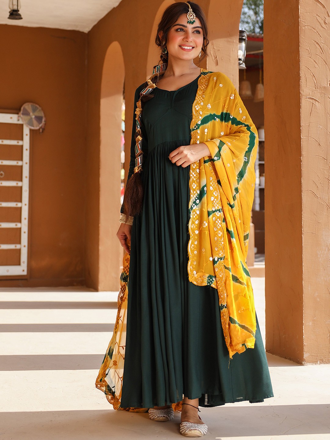 

Thread & Button Anarkali Kurta with Churidar & With Dupatta, Green