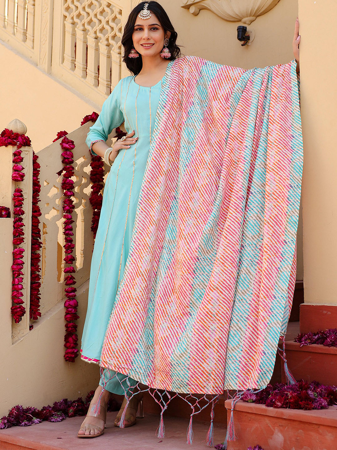 

Thread & Button Ethnic Motifs Embroidered Anarkali Kurta with Trousers & With Dupatta, Blue