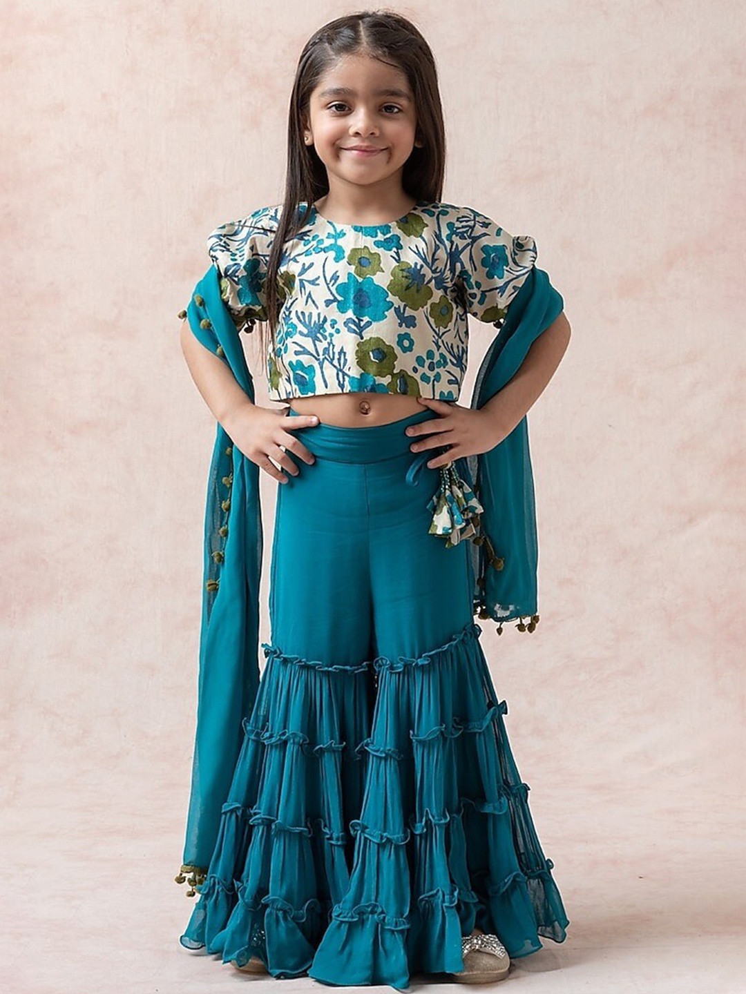 

BAESD Girls Printed Pure Cotton Top with Palazzo & Duppata, Blue