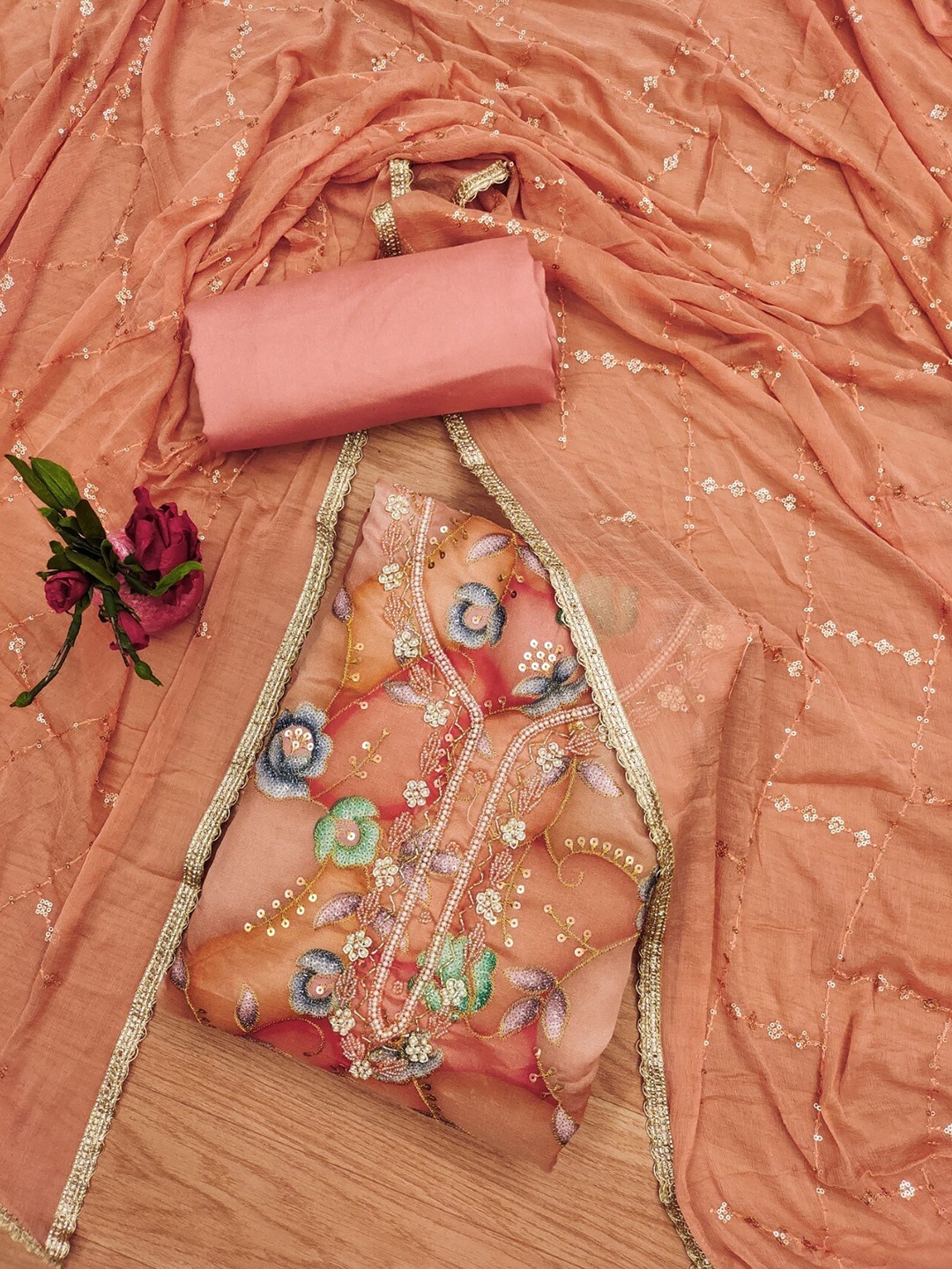 

Panzora Embroidered Organza Unstitched Dress Material, Peach
