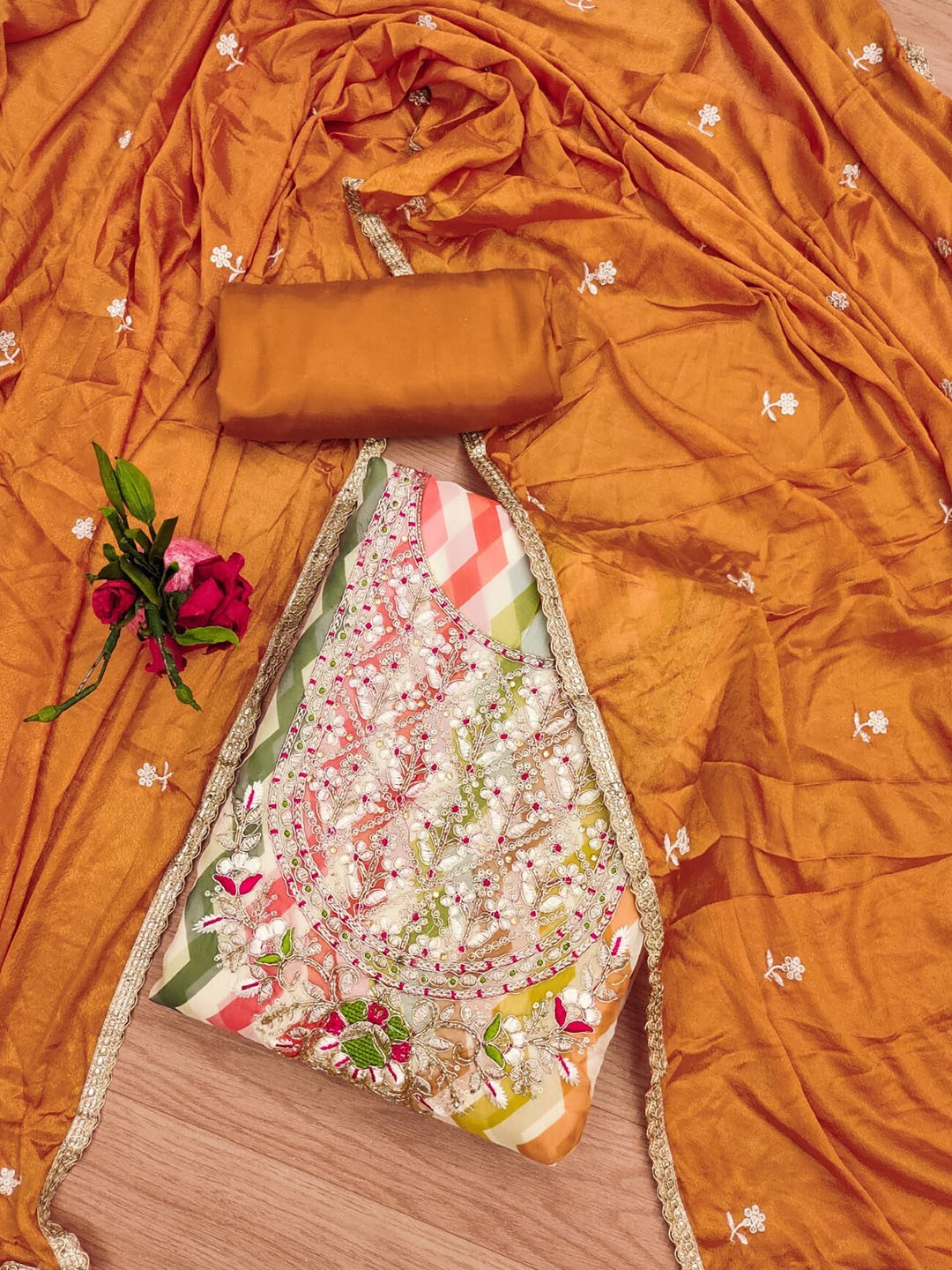 

Panzora Embroidered Organza Unstitched Dress Material, Mustard