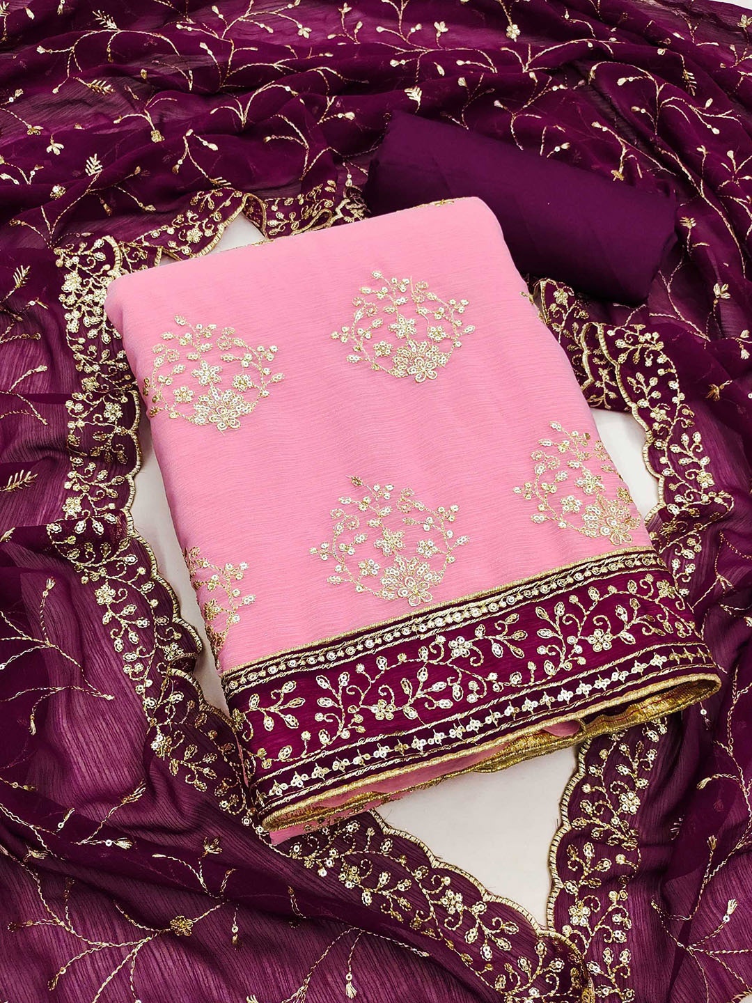 Panzora Embroidered Unstitched Dress Material, Pink