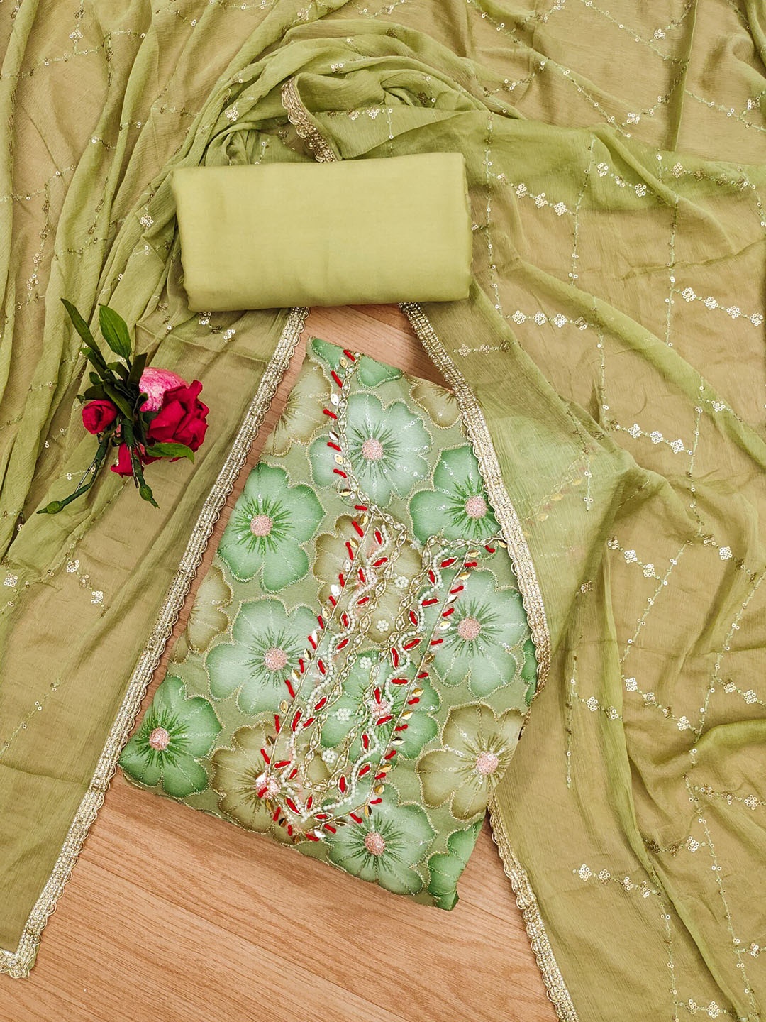 

Panzora Embroidered Organza Unstitched Dress Material, Green
