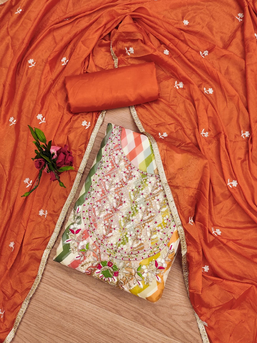 

Panzora Embroidered Organza Unstitched Dress Material, Orange