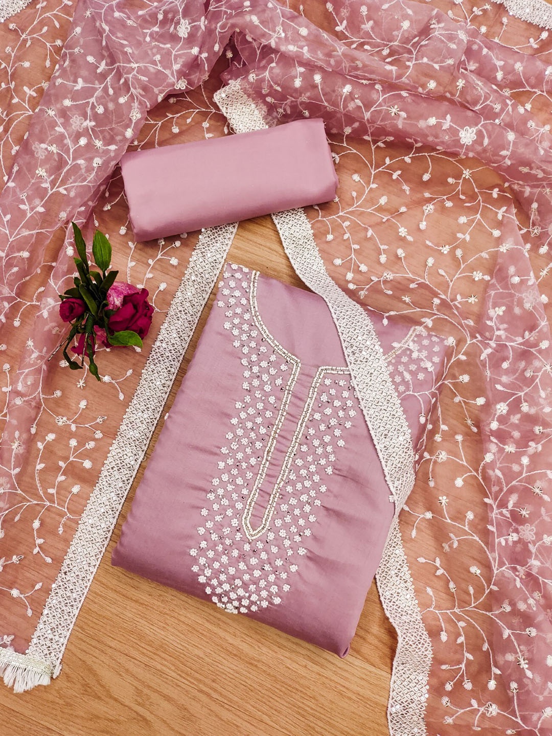 

Panzora Embellished Unstitched Dress Material, Pink