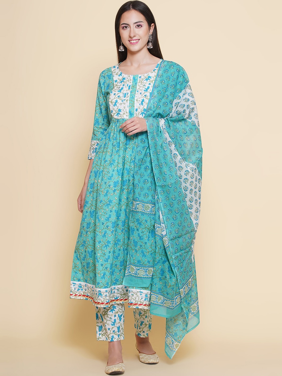 

NAMA'S Floral Printed Gotta Patti Pure Cotton Anarkali Kurta with Trousers & With Dupatta, Sea green