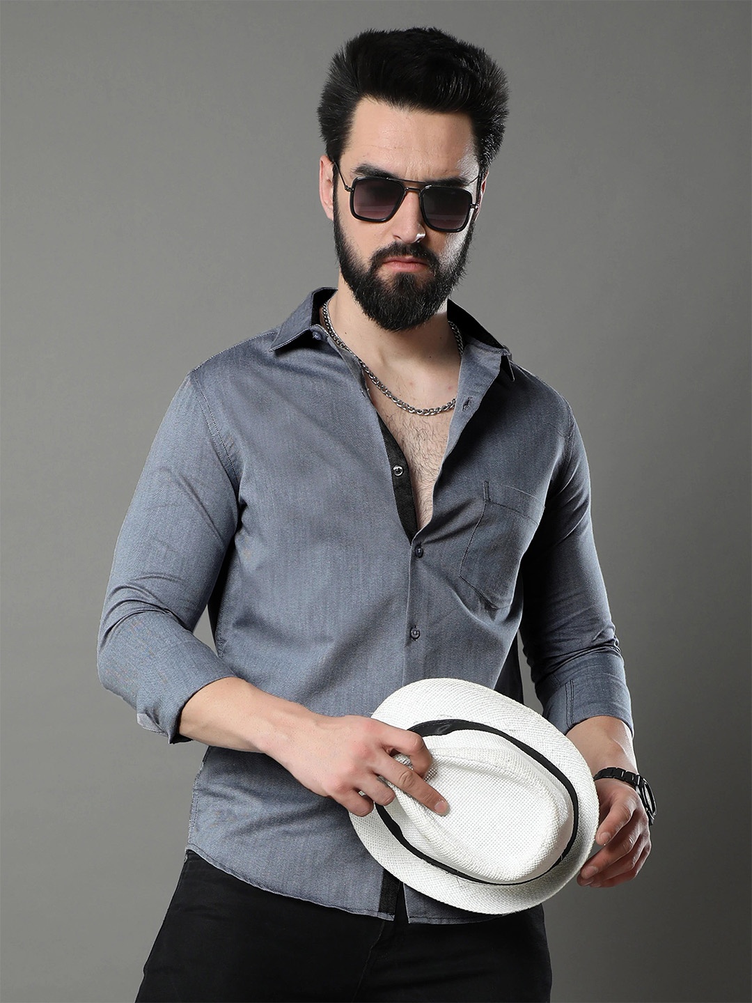 

Ethnic basket Standard Spread Collar Long Sleeves Cotton Casual Shirt, Grey