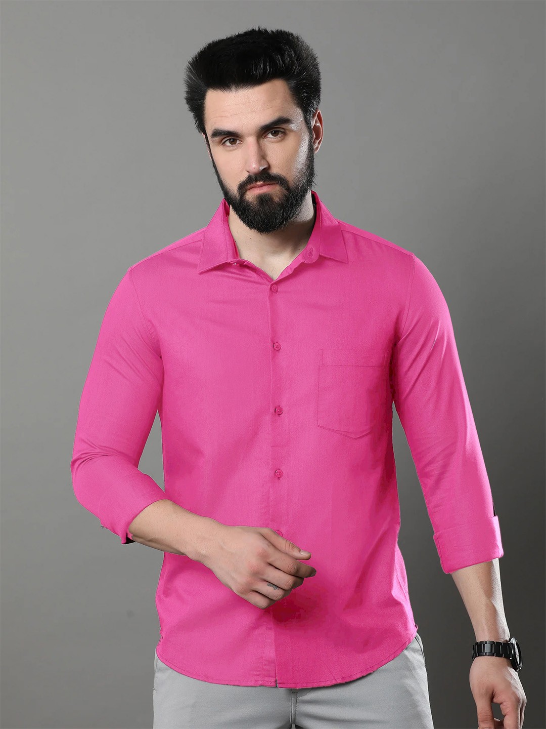 

Ethnic basket Standard Spread Collar Long Sleeves Cotton Casual Shirt, Pink