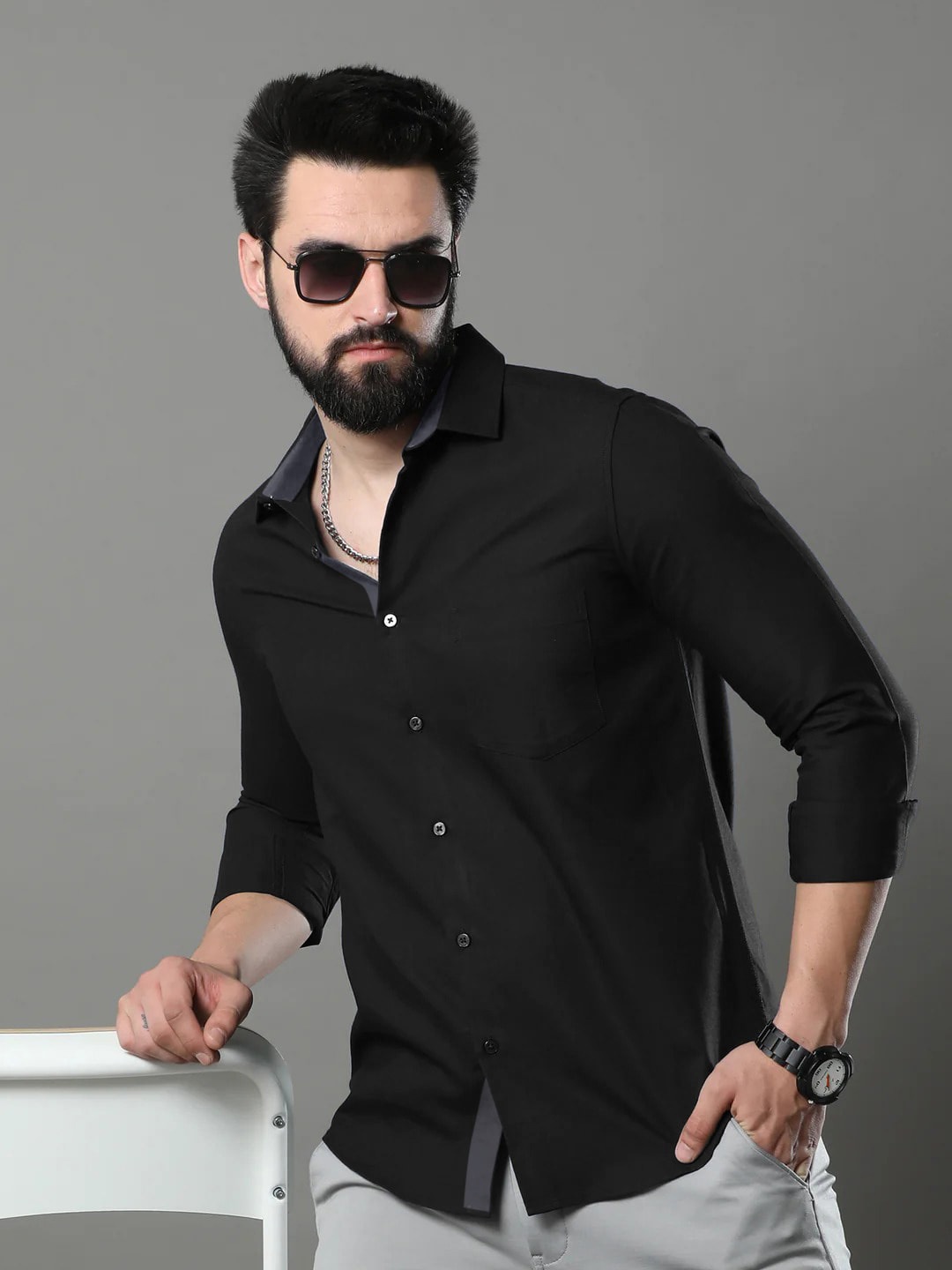 

Ethnic basket Standard Spread Collar Long Sleeves Cotton Casual Shirt, Black