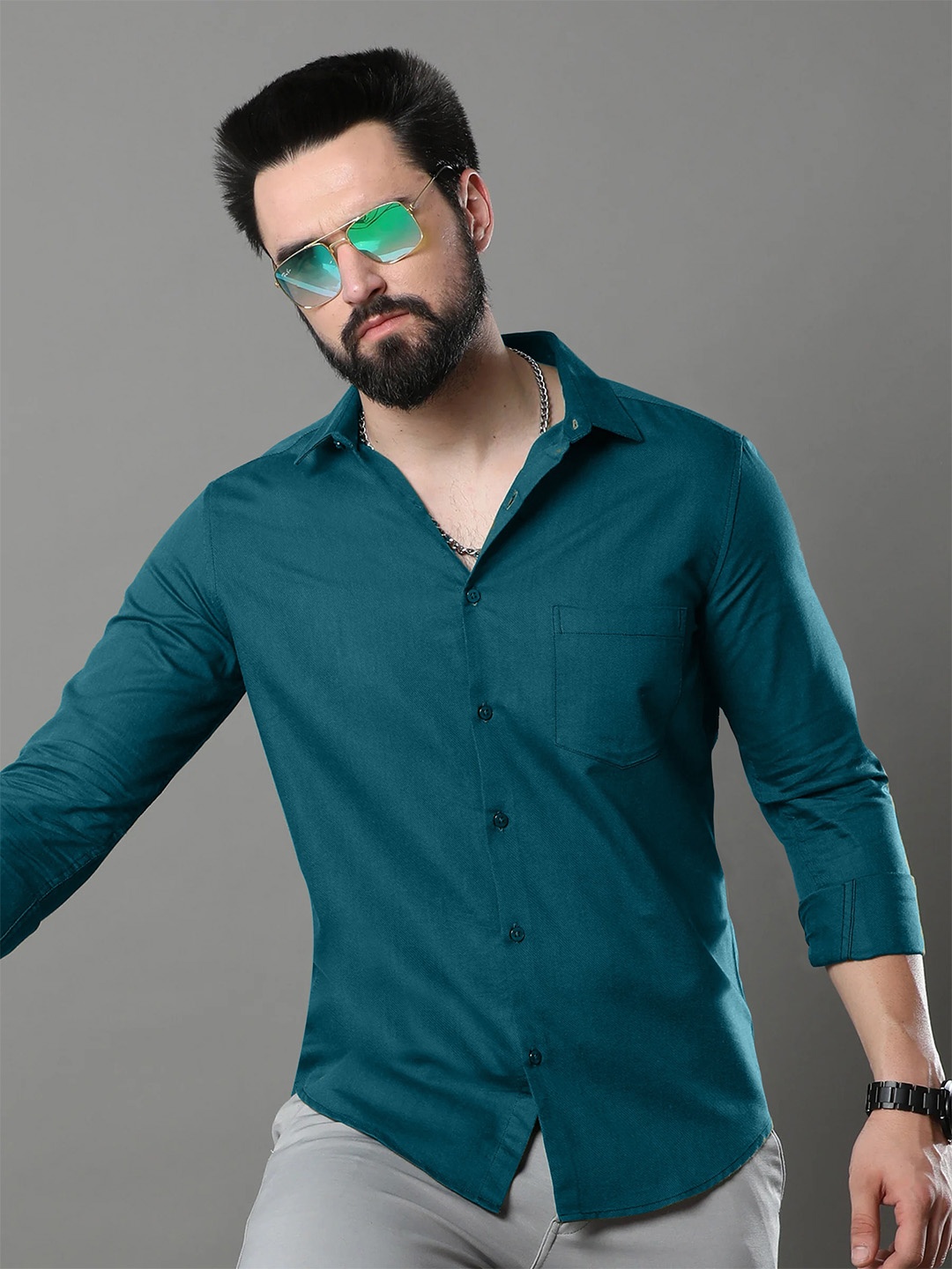 

Ethnic basket Standard Spread Collar Long Sleeves Cotton Casual Shirt, Green