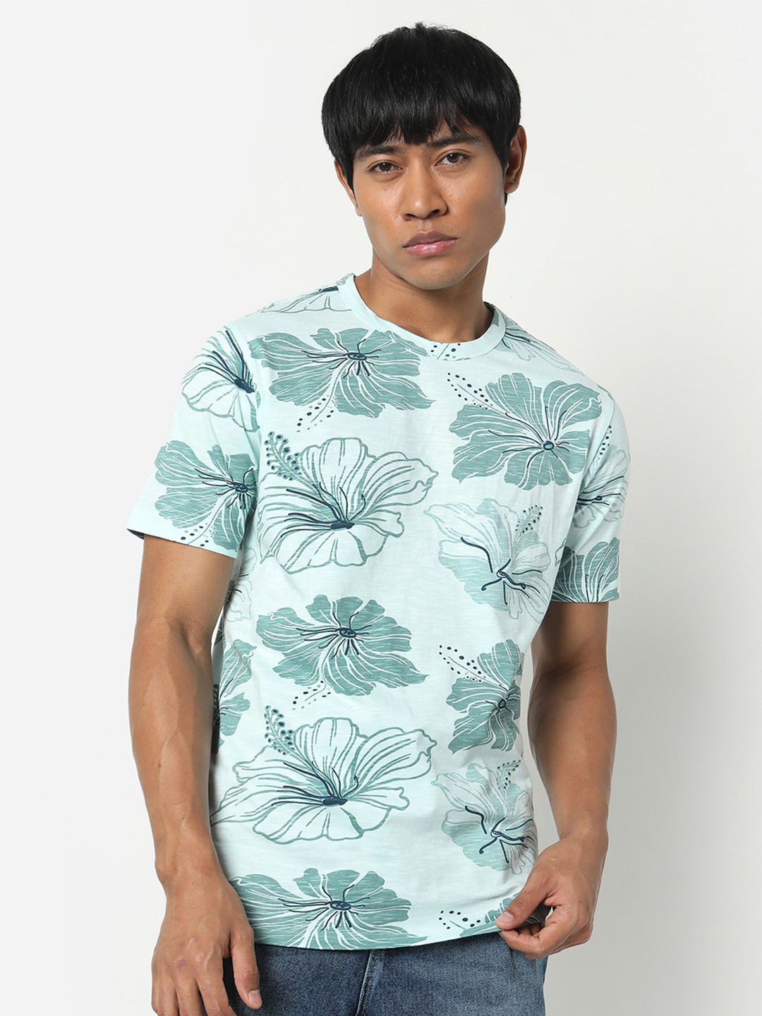 

R&B Floral Printed Round Neck T-shirt, Green