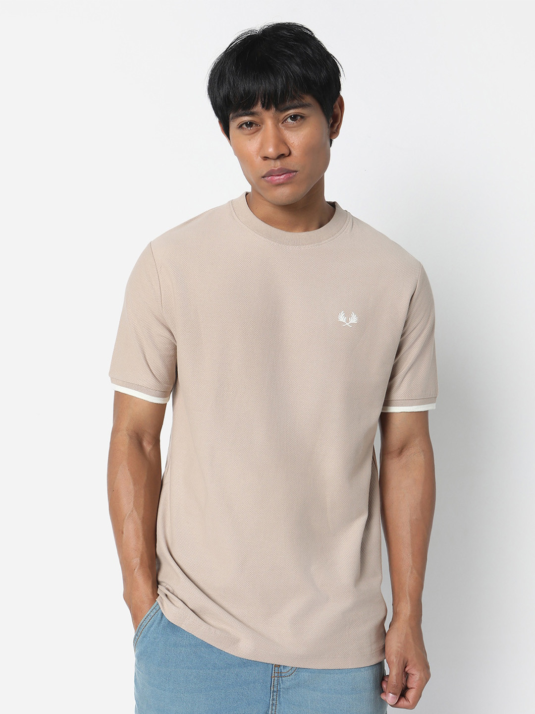 

R&B Round Neck Cotton T-Shirt, Beige