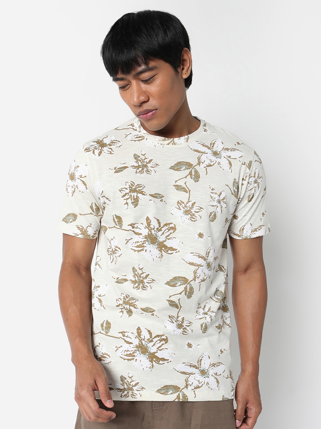 

R&B Floral Printed Cotton T-Shirt, Beige