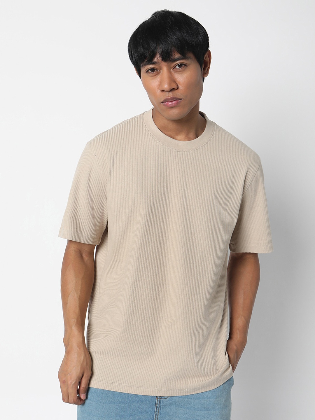 

R&B Round Neck Cotton T-Shirt, Beige