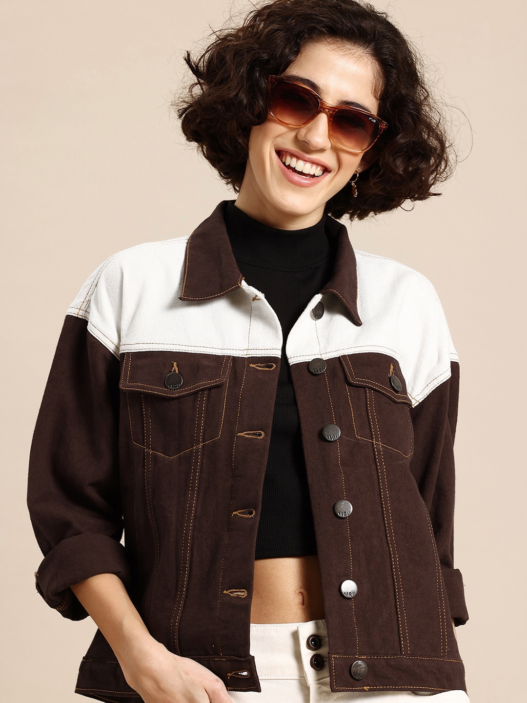 

Mast & Harbour Colourblocked Pure Cotton Denim Jacket, Coffee brown