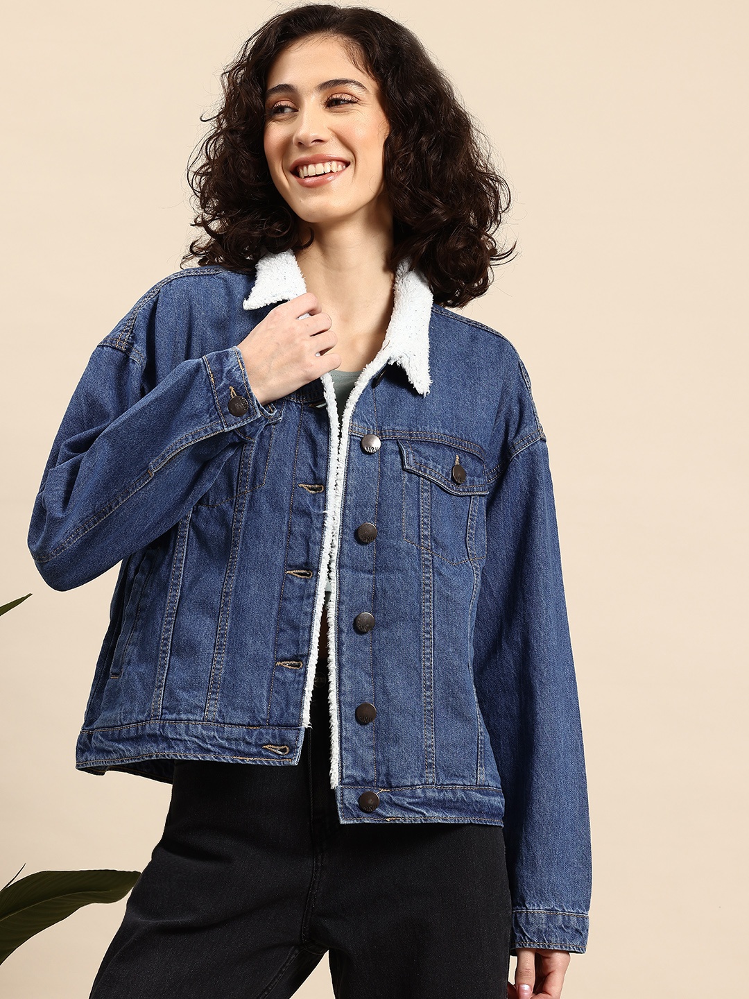 

Mast & Harbour Faux-Fur Trim Denim Jacket, Blue