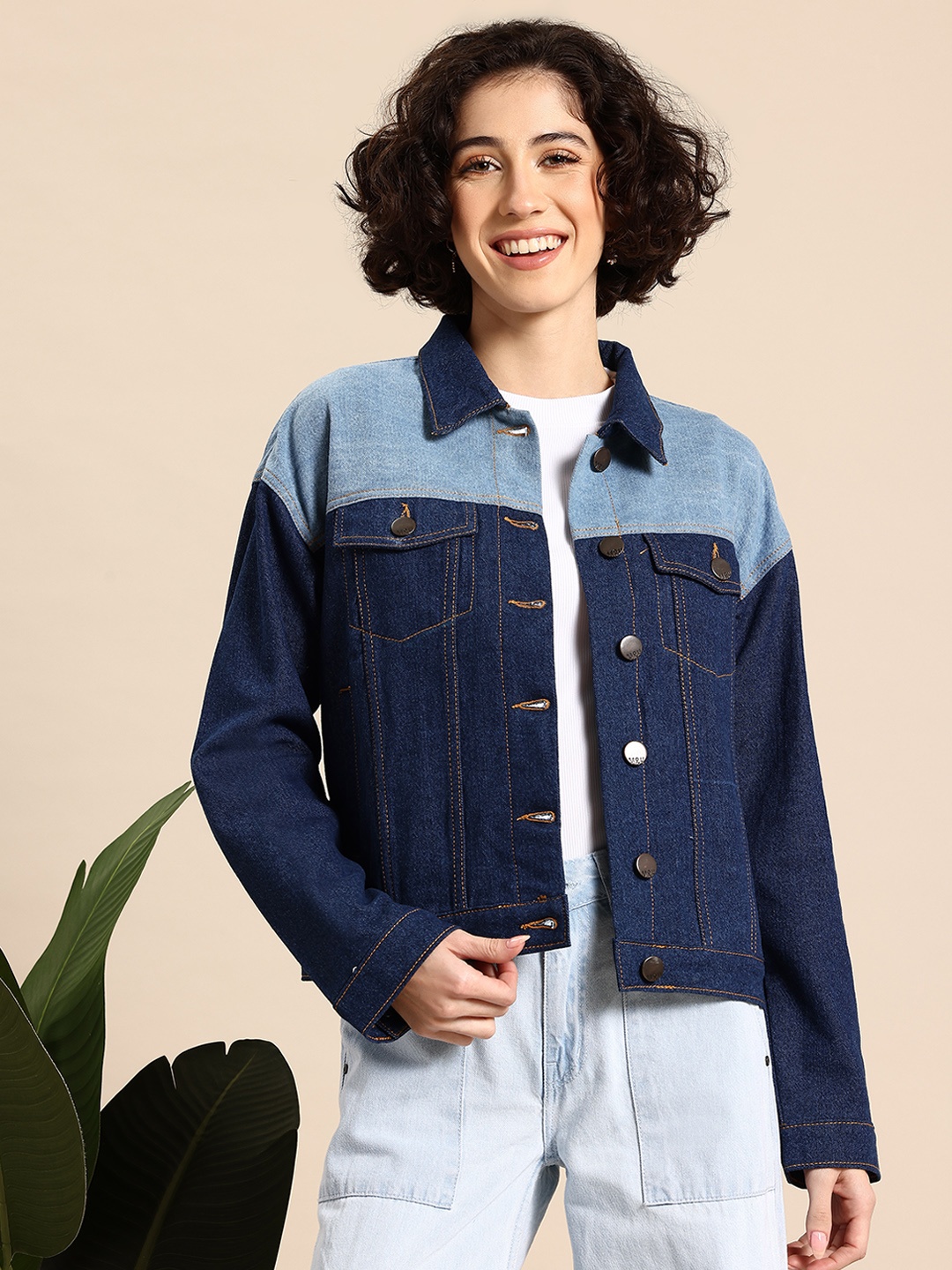 

Mast & Harbour Colourblocked Pure Cotton Denim Jacket, Navy blue