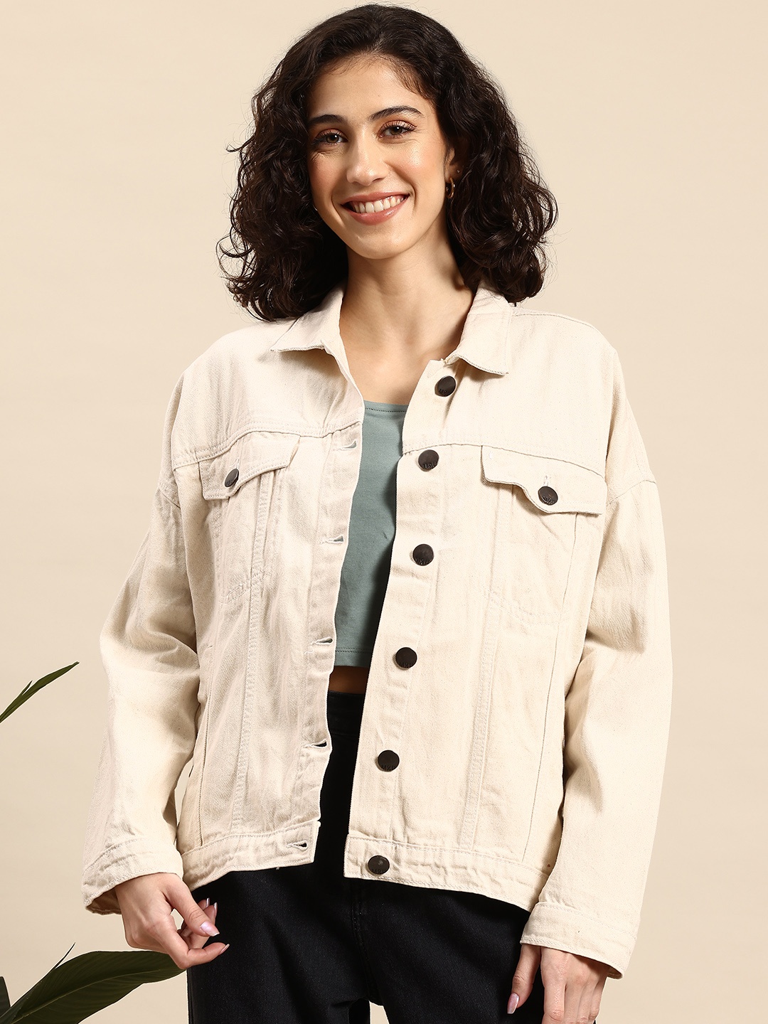 

Mast & Harbour Pure Cotton Denim Jacket, Beige