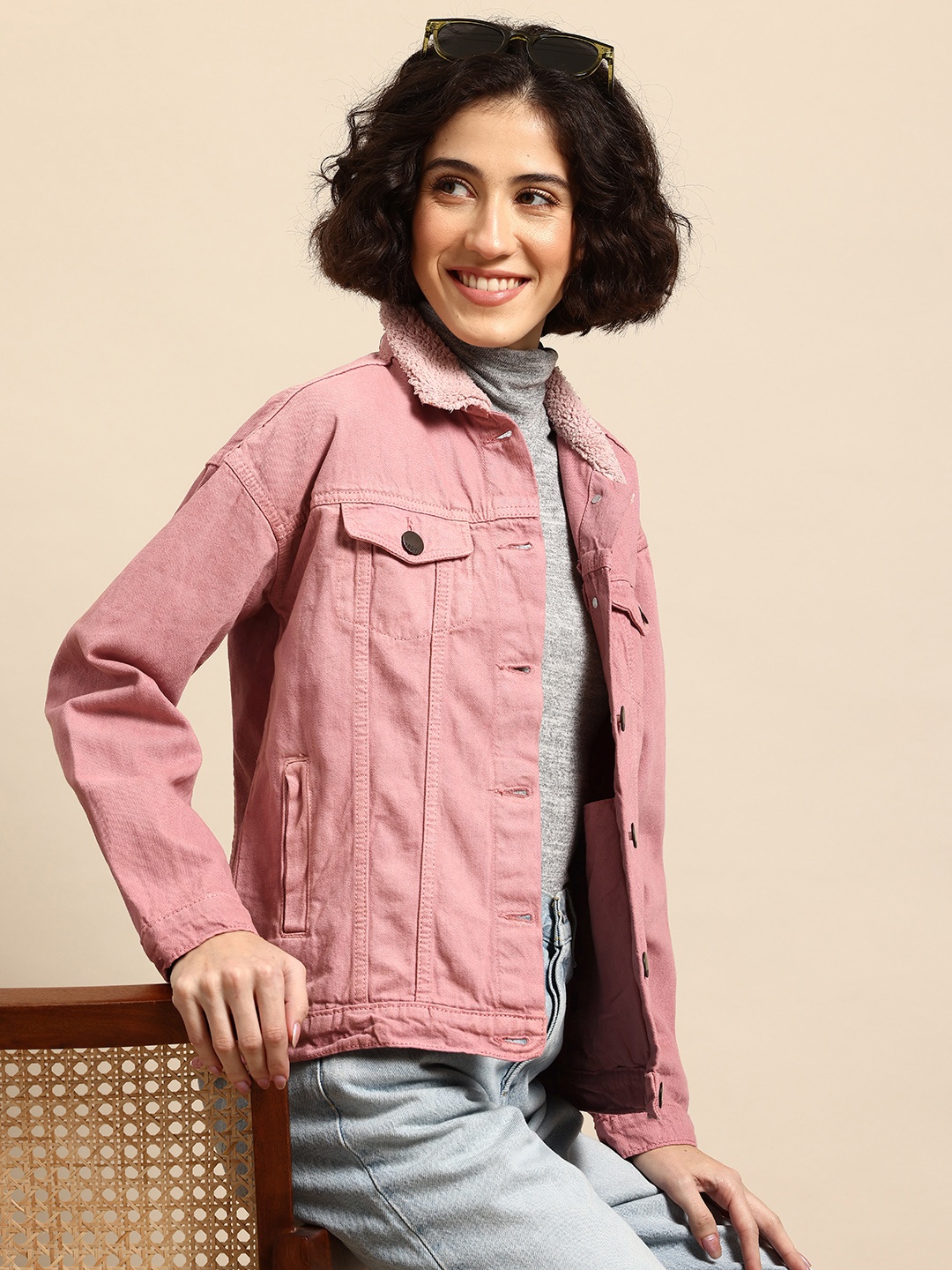 

Mast & Harbour Twill Faux Fur Trim Pure Cotton Denim Jacket, Rose