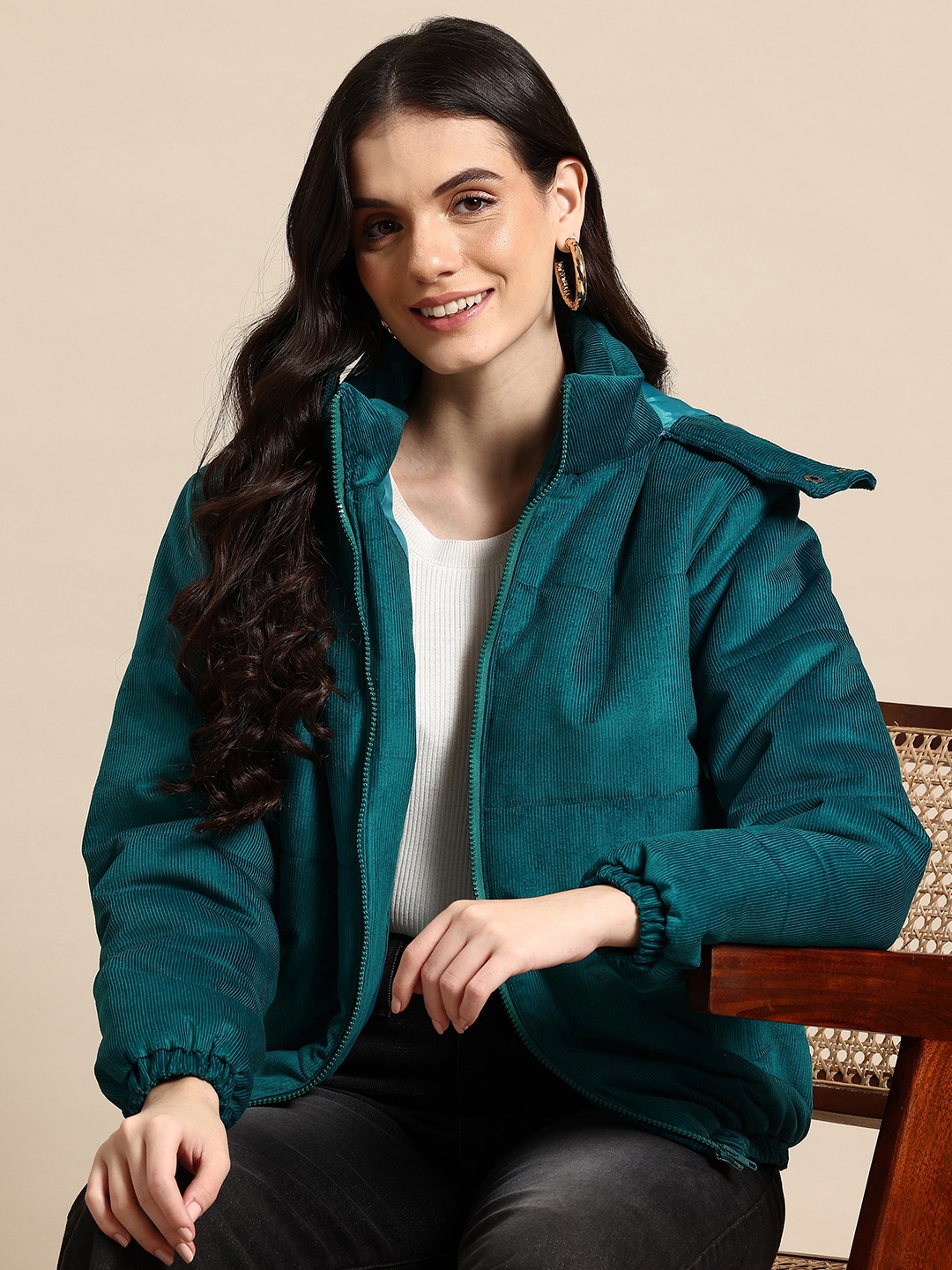 

Mast & Harbour Corduroy Hooded Puffer Jacket, Sea green