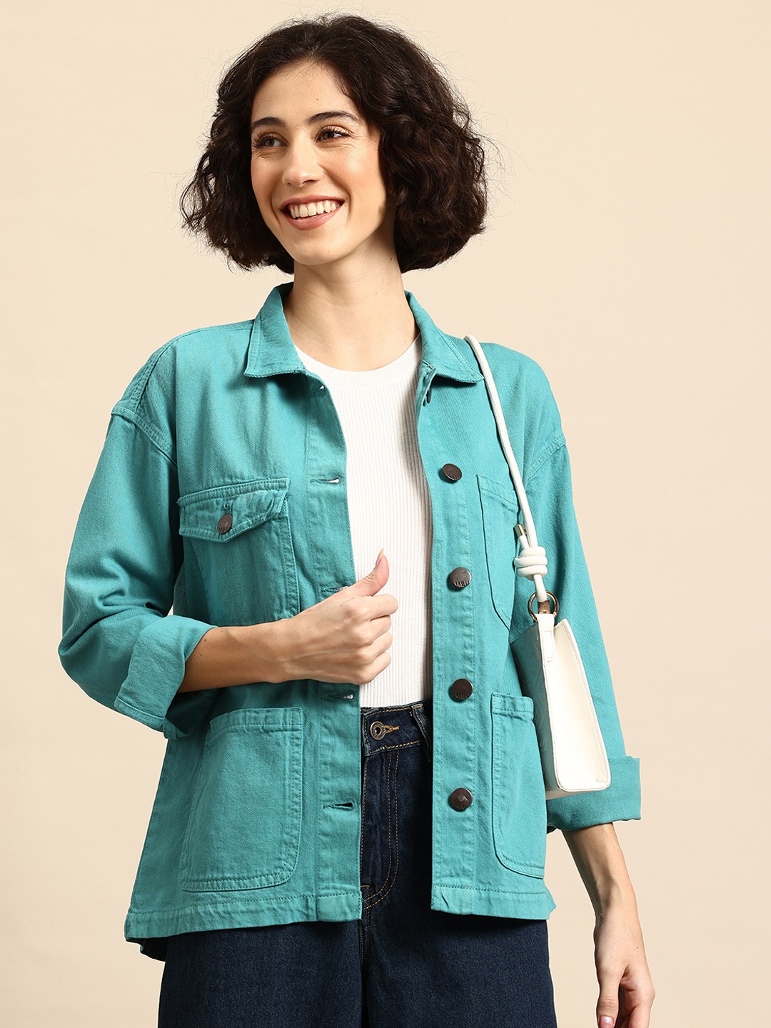 

Mast & Harbour Twill Pure Cotton Denim Jacket, Sea green